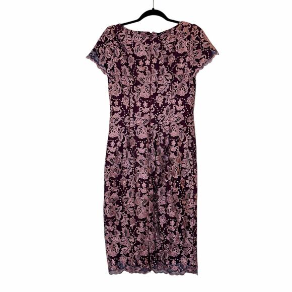 JS Collections V-Neck Floral Embroidered Mesh Cocktail Dress in Burgundy - Picture 6 of 9